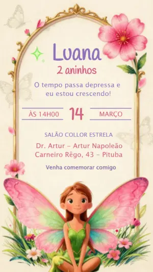 Convite de Aniversário Fada Encantada Modelo Digital Editável