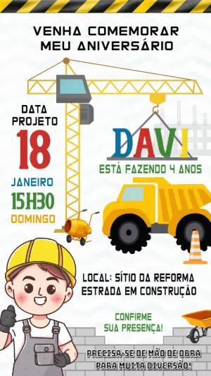 Convite Aniversário Construção com Caminhão para Editar Online