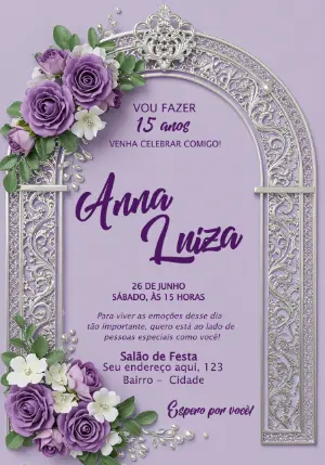 Convite de 15 Anos Lilás com Borboletas e Flores para Editar