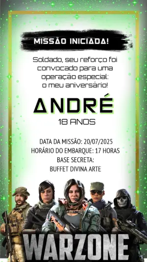 Convite Animado Gamer Warzone: Modelo de Aniversário Editável