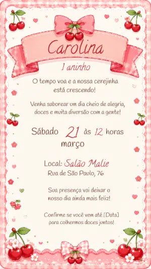 Convite de Aniversário Cerejinha Rosa Editável para Menina