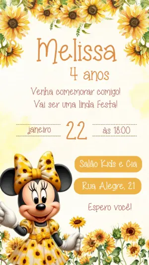 Convite Aniversário Minnie Girassol para Editar Online