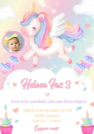 Convite de Aniversário Unicórnio Fofo em Aquarela para Editar