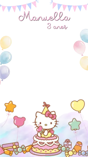 Moldura para Story Aniversário Hello Kitty Editável em Tons Pastéis