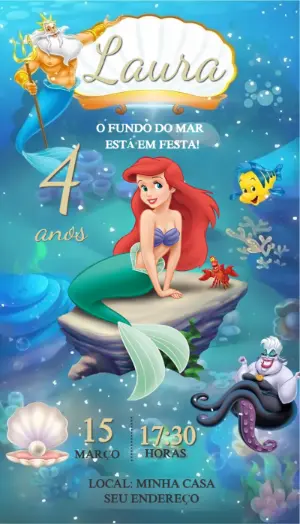 Convite de Aniversário Ariel Pequena Sereia Editável