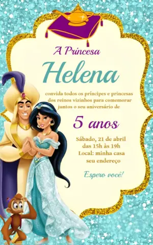 Convite de Aniversário Jasmine e Aladdin Editável