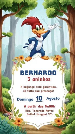 Convite Aniversário Pica-Pau Editável para Enviar Online