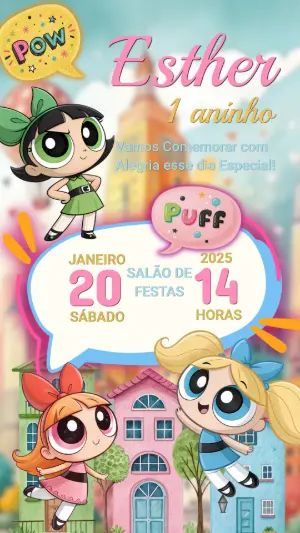 Convite de Aniversário Meninas Superpoderosas Colorido para Editar
