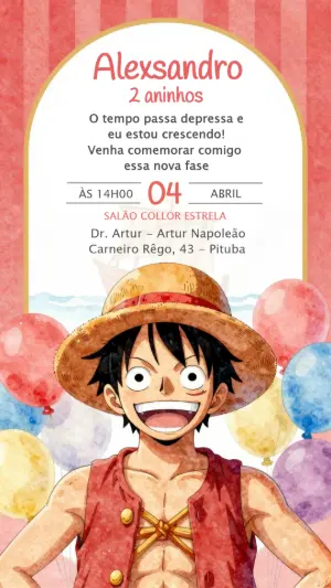 Convite de Aniversário One Piece com Luffy Modelo Editável