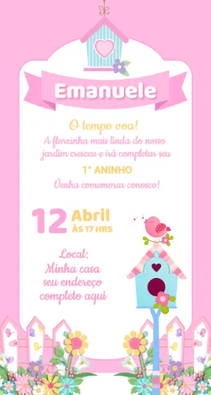 Convite de Aniversário Jardim dos Passarinhos Rosa Editável