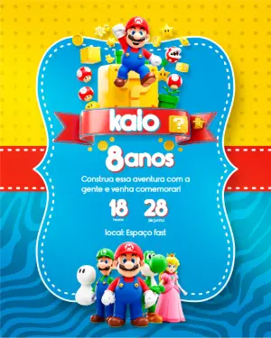 Convite de Aniversário Super Mario com Personagens para Editar