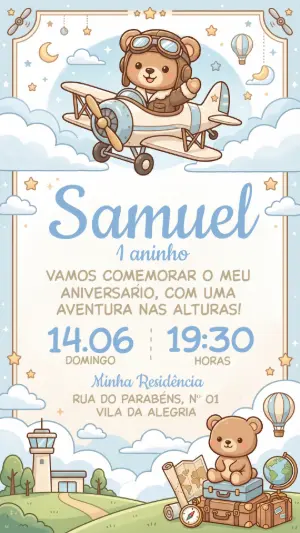 Convite de Aniversário Ursinho Aviador Fofo para Editar