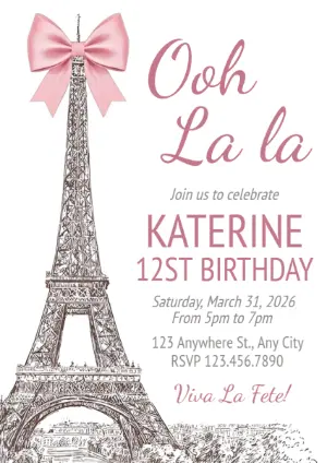 Paris Birthday Invitation with Pink Bow - Editable Digital Template