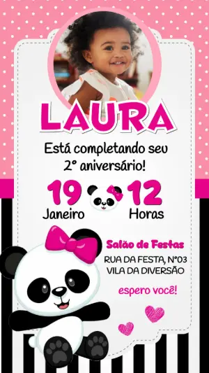 Convite de Aniversário Panda Rosa com Foto Editável