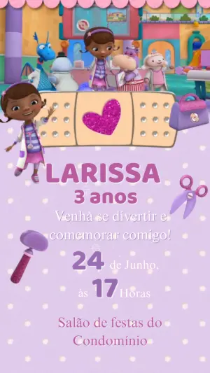 Convite Animado Aniversário Doutora Brinquedos para Editar