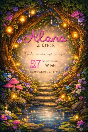 Convite de Aniversário Editável Floresta Encantada com Fadas