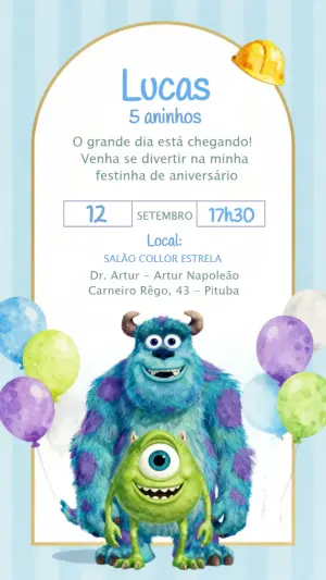 Convite de Aniversário Monstros S.A. Infantil para Editar