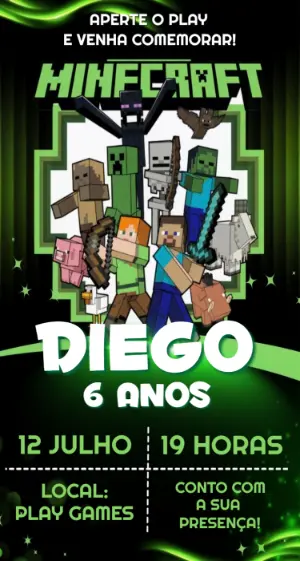 Convite de Aniversário Minecraft Verde e Preto Editável