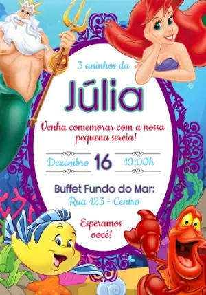 Convite de Aniversário Pequena Sereia Fundo do Mar para Editar