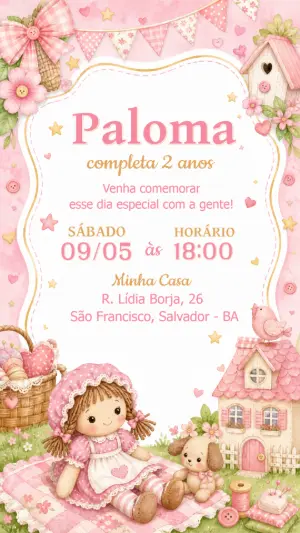 Convite de Aniversário Boneca de Pano Aquarela para Editar