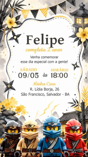 Convite de Aniversário Ninjago: Modelo Digital Editável