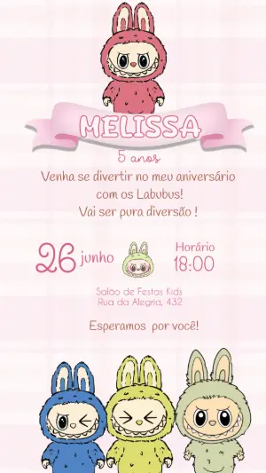Convite Digital Aniversário Infantil Tema Labubu Editável