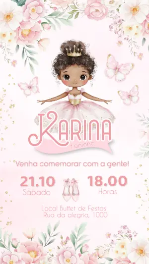 Convite de Aniversário Bailarina Negra com Flores para Editar