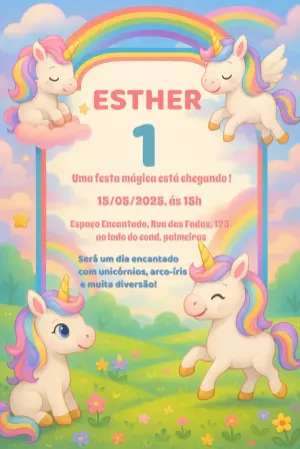 Convite de Aniversário Unicórnio Mágico para Editar Online