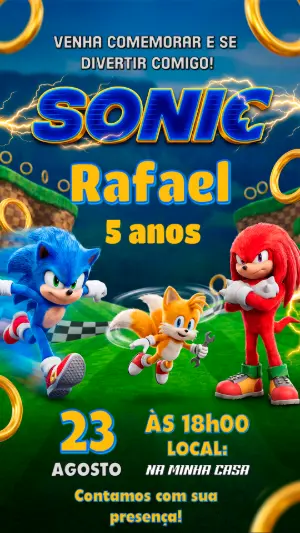 Convite de Aniversário Sonic Editável para Festa Infantil