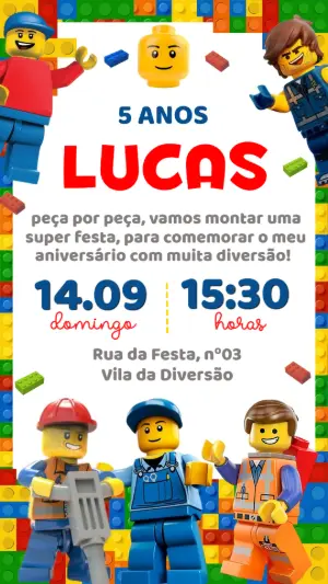Convite de Aniversário Infantil Lego para Editar Online