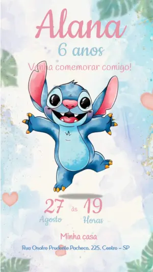 Convite Animado Stitch Aquarela para Editar