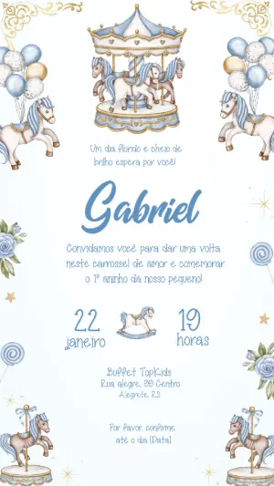 Convite de Aniversário Carrossel Azul e Dourado Editável