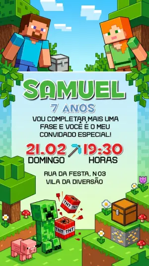 Convite de Aniversário Infantil Minecraft Editável