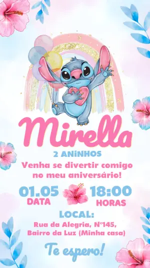 Convite de Aniversário Stitch Aquarela Tropical para Editar