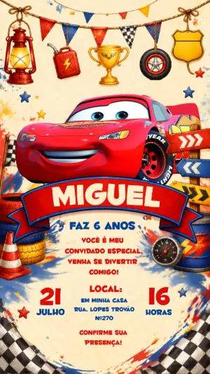 Convite de Aniversário Carros: Relâmpago McQueen Editável