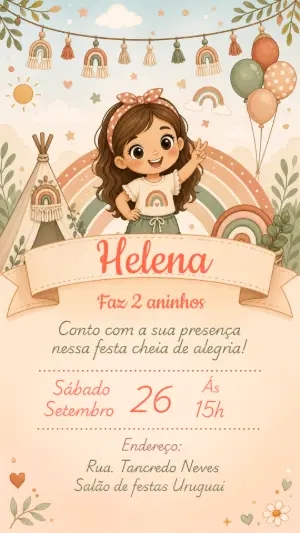 Convite de Aniversário Arco-íris Boho Editável para Menina