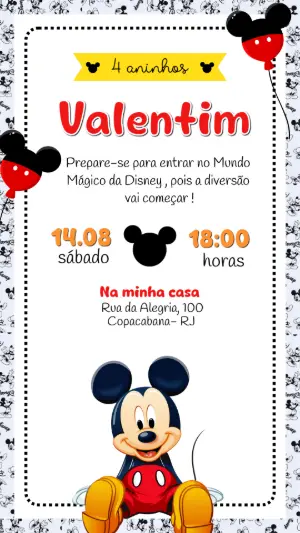 Convite de Aniversário Mickey Mouse Clássico Editável