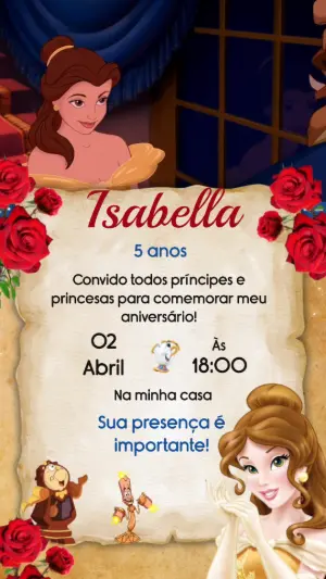 Convite Animado Aniversário A Bela e a Fera para Editar