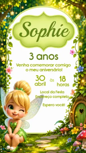 Convite de Aniversário Fada Thinker Bell para Editar Online