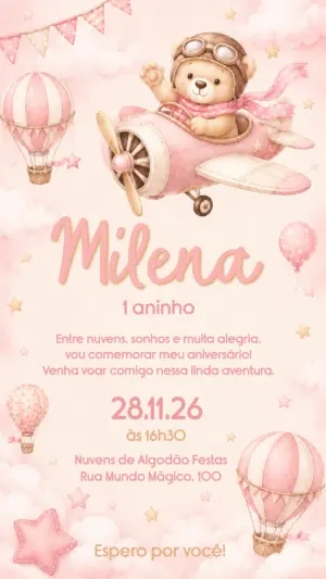 Convite Aniversário Ursinha Aviadora Rosa Editável