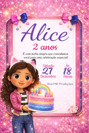 Convite de Aniversário Gabby Casa Mágica Glitter Rosa Editável