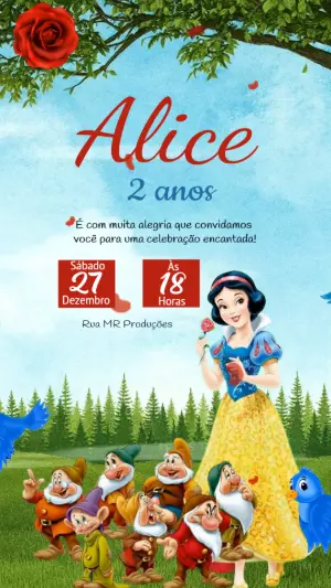 Convite Animado Branca de Neve Aniversário Infantil para Editar