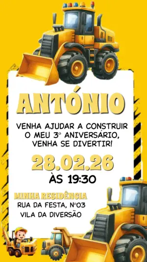 Convite de Aniversário Trator e Construção Editável