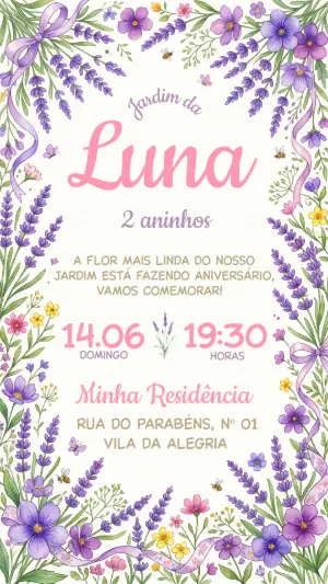 Convite de Aniversário Jardim de Lavanda Aquarela Editável