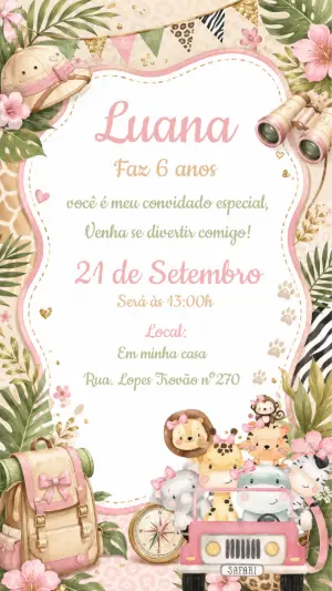 Convite de Aniversário Safari Rosa para Editar