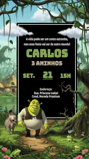 Convite de Aniversário Shrek para Editar e Imprimir