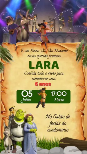 Convite Animado Aniversário Shrek com Personagens para Editar