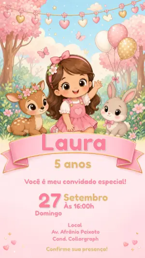 Convite Aniversário Bosque Encantado Menina Editável