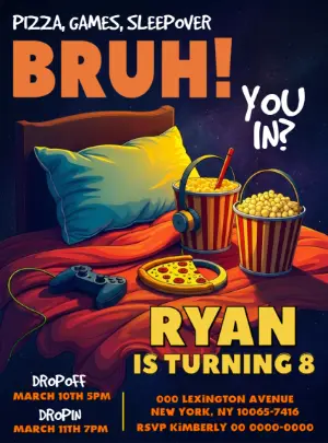 Editable Gamer Sleepover Party Invitation with "Bruh" Theme