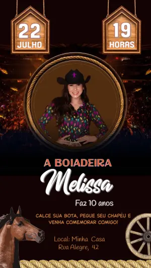 Convite de Aniversário Boiadeira Country para Editar Online